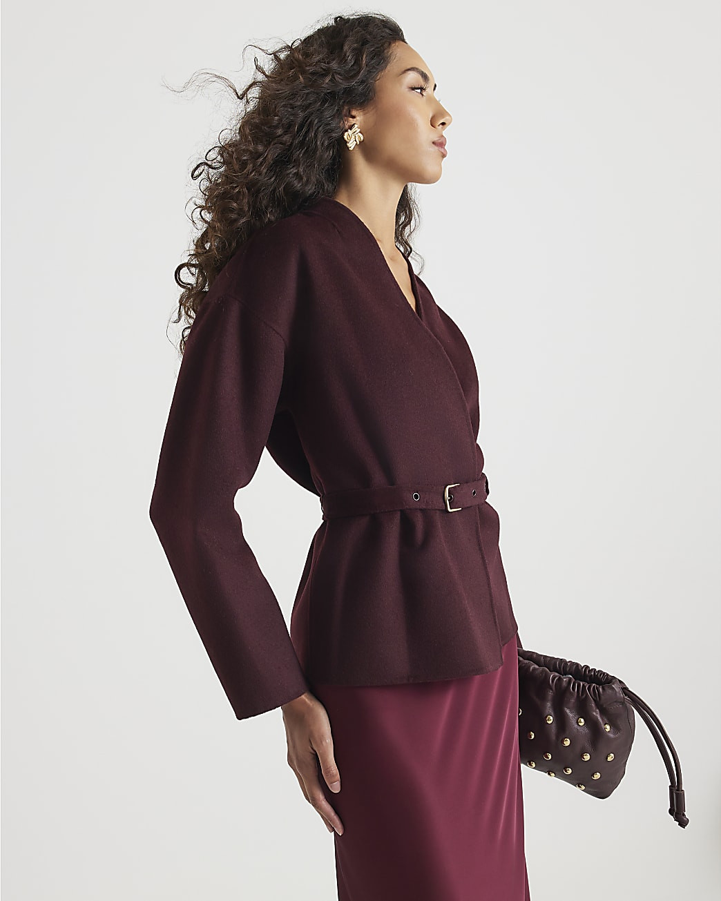 Red Handmade Wool Blend Short Belted Jacket | River Island UK & IE