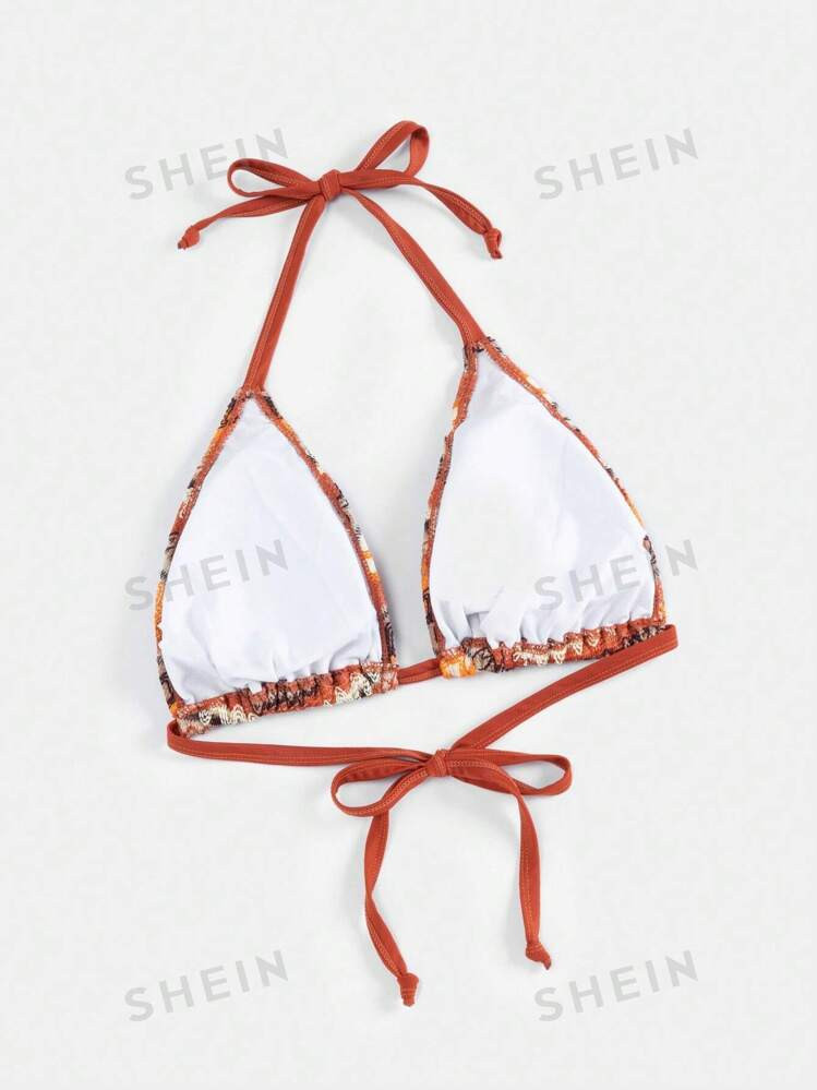 SHEIN Swim Curve Summer Beach Plus Size Geometric Pattern Knotted Back Halter Swimsuit Top Carniv... | SHEIN