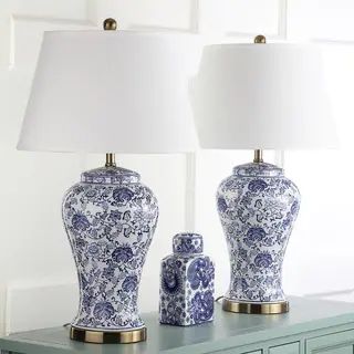 Safavieh Lighting 29-inch Spring White/ Blue Blossom Ceramic LED Table Lamp (Set of 2) - 17" x 17... | Bed Bath & Beyond