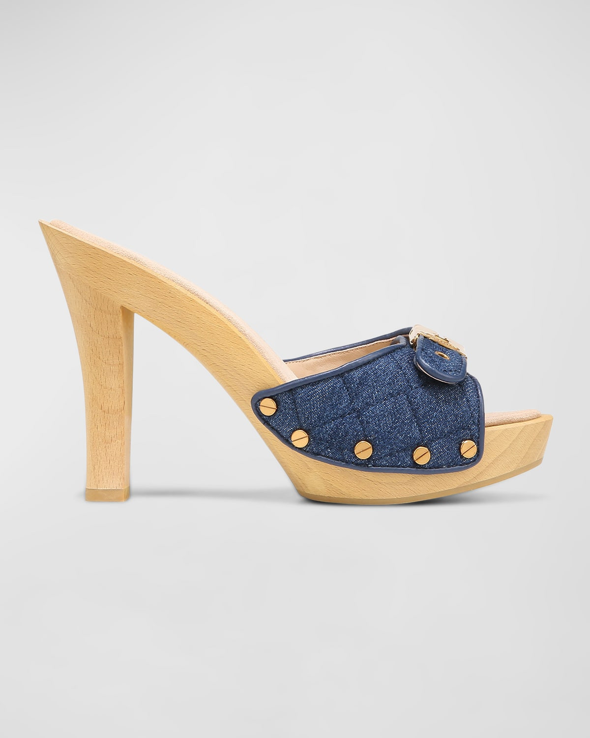 x Dr Scholl's Lolli Denim Buckle Clog Sandals | Neiman Marcus