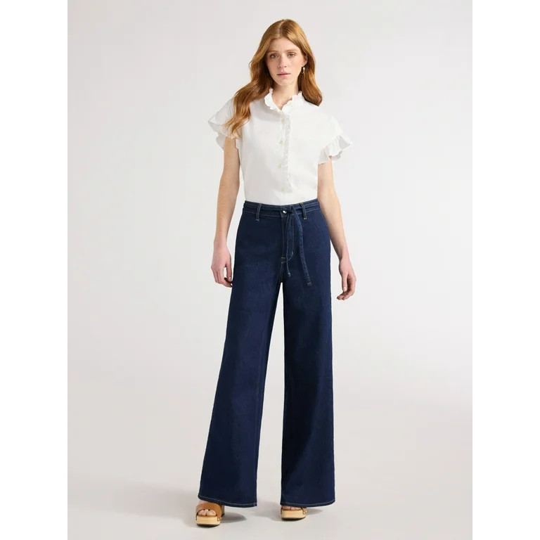 Free Assembly Women's and Women's Plus Ruffle Trim Neck Top with Short Sleeves, Sizes XS-4X | Walmart (US)