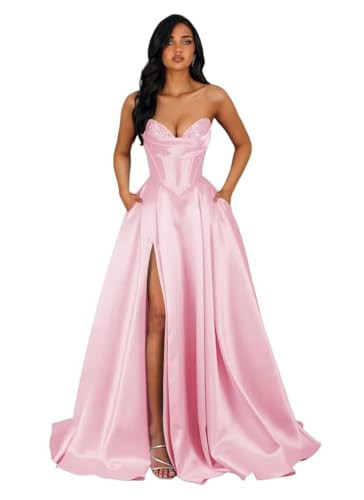 Tianzhihe Pink Strapless A Line Long Sparkly Pockets Satin Prom Dresses | Amazon (US)