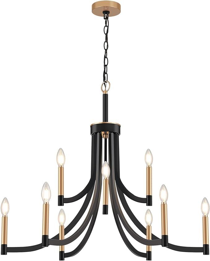 VIOLOEMI Farmhouse Black and Gold Chandelier, 9-Light Metal Candle Chandelier, Height Adjustable ... | Amazon (US)