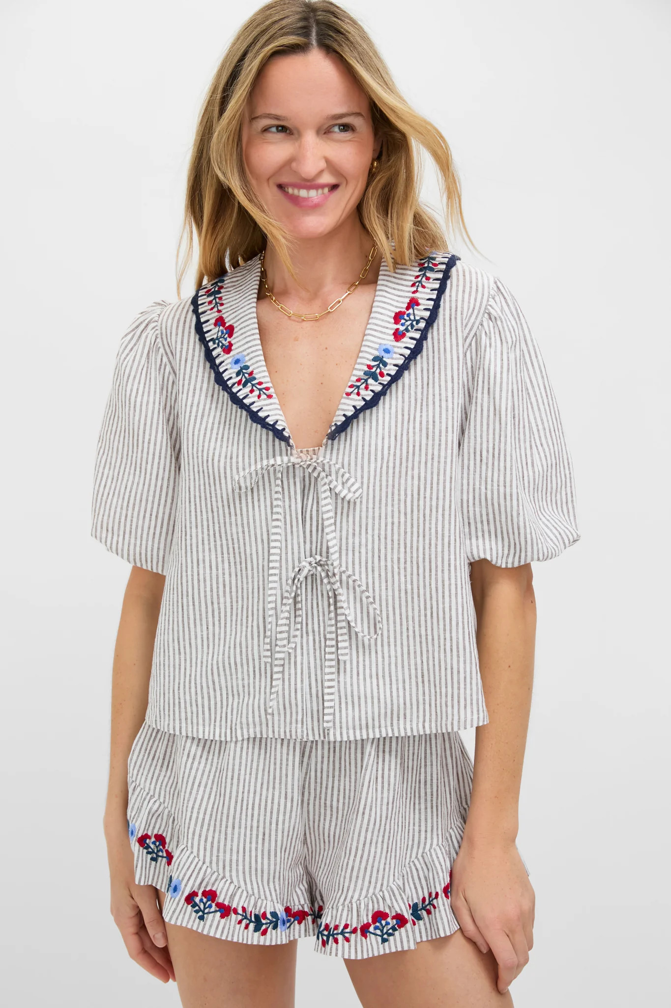 Tan Stripe Embroidered Falyn Top | Tuckernuck (US)