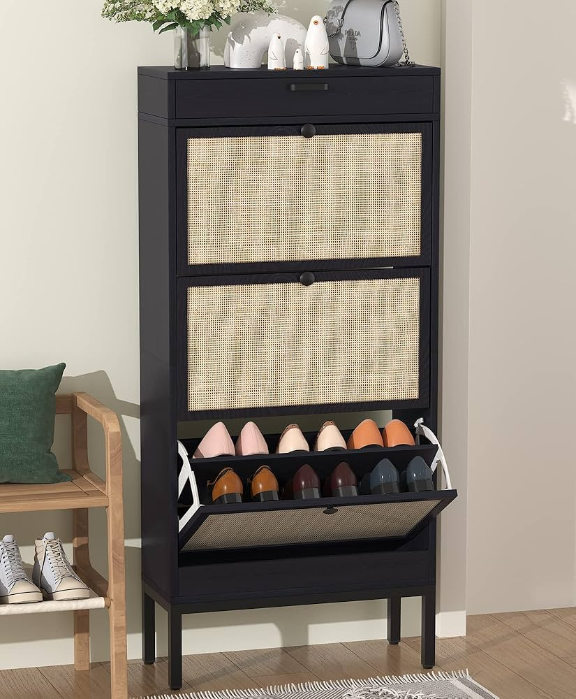 Yechen Shoe Cabinet, Shoe Rack Storage Organizer with 3 Natural Rattan Doors, Entryway Hidden Sho... | Amazon (US)