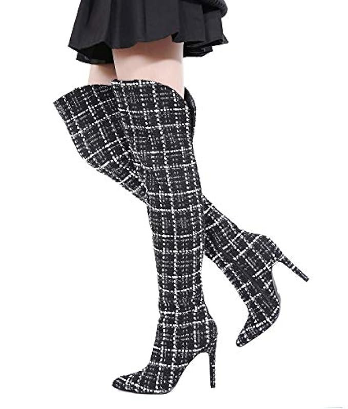 Peatutoori Women Thigh High Boots Plaid Print Pointed to Over The Knee High Boots Ladies Heeled Boot | Amazon (US)