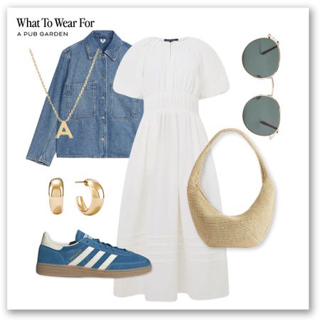 Midi dress styling 🤍 

Puff sleeve midi dress, white dresses, blue adidas spezials, denim jacket, straw bag, pub garden, summer outfit, city break 

#LTKeurope #LTKsummer #LTKstyletip