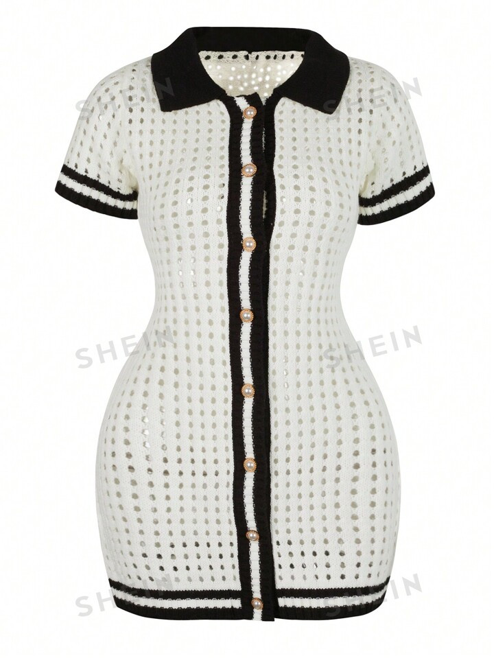 Apperloth A POLO Collar Contrast Binding Trim Pointelle Button-Front Cardigan Short Sleeve Bodyco... | SHEIN