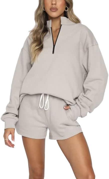 Remelon Women's Sweatsuits Set Casual Oversized Zip Long Sleeve Sweatshirt and Shorts 2 Piece Out... | Amazon (US)