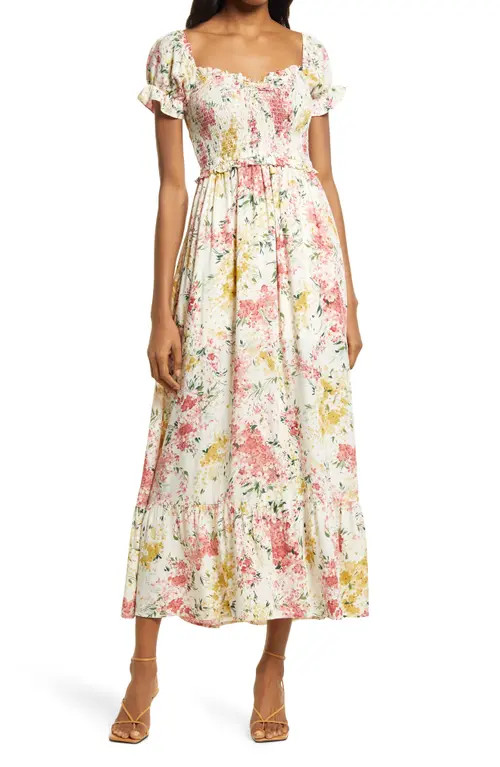 Lulus Always So Sweet Floral Smocked Dress in Cream Floral at Nordstrom, Size Medium | Nordstrom