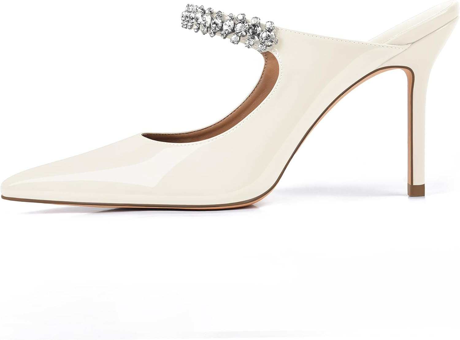 XINIUNIU Heeled Mules for Women Rhinestone Heels Pointed Toe Slip On 4 Inch Stiletto Closed Toe Sandals Dress Wedding Pump Shoes | Amazon (US)