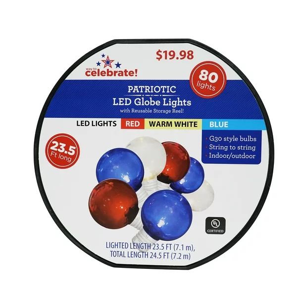 Patriotic 80-Count LED G30 Globe Lights, with White Wire, 23.5 Feet -Way to Celebrate | Walmart (US)