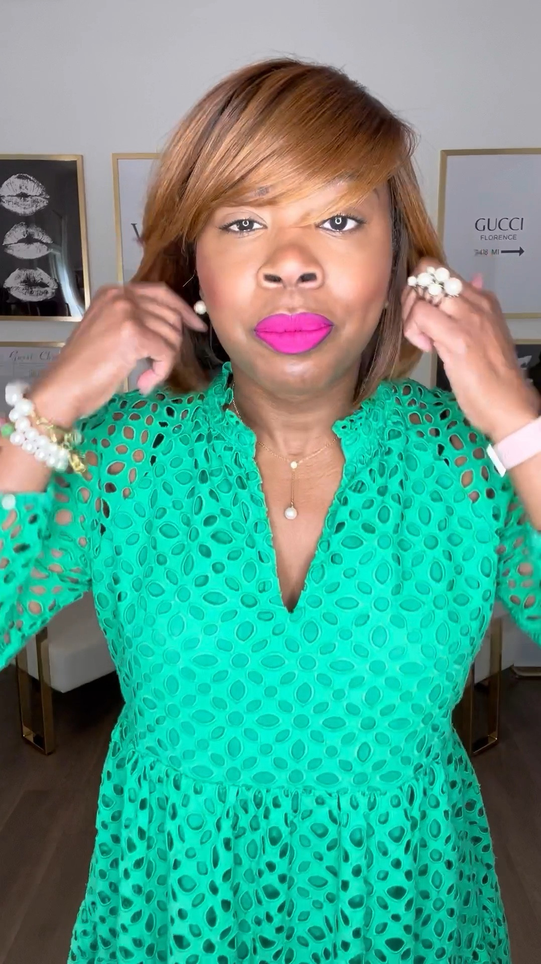 Channeling a polished and sophisticated look for chapter meeting day! Embracing the essence of spring with this delightful green eyelet dress, exuding charm with hints of pink. The babydoll silhouette and classic eyelet detailing make for a winning combination. Accessorized elegantly with a pearl bracelet stack, a dainty pearl drop necklace, and timeless pearl studs. Completed with a touch of fuchsia on the lips for a pop of color. Shop this chic ensemble through the link in my profile! 💚🌸 #PrettyPrimandProper #SpringStyle

#LTKMidsize #LTKWorkwear #LTKOver40