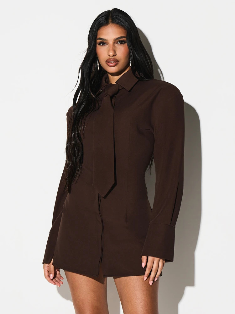 Chocolate Brown Long Sleeve Collared Mini Dress With Shoulder Pads Lace Up Back Detail And Tie Wa... | SHEIN