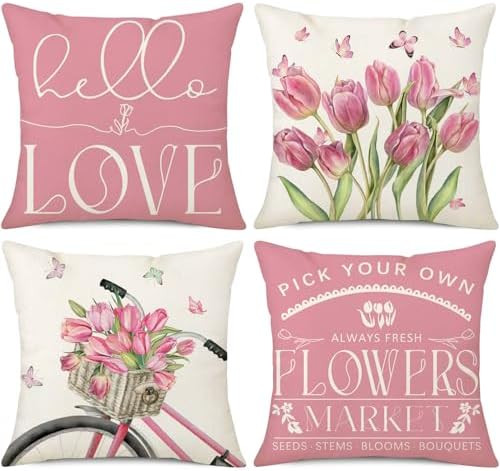 NIGHTWISH Spring Pillow Covers 18x18 Set of 4 Pink Tulips Bicycle Butterfly Spring Decorations He... | Amazon (US)