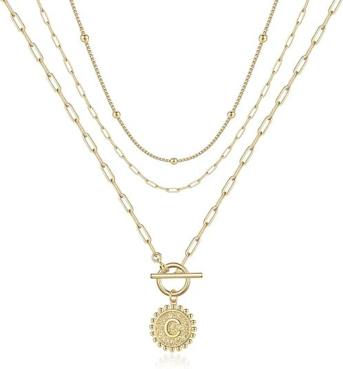 IEFWELL Layered Gold Initial Necklaces for Women, 14K Gold Plated Paperclip Link Necklace Toggle ... | Amazon (US)