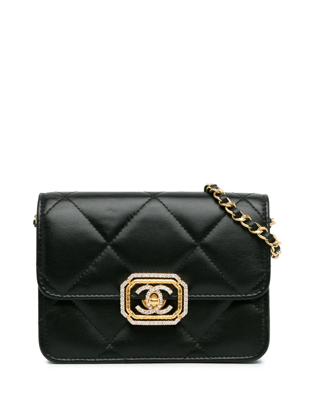 CHANEL Pre-Owned 2021-2023 Quilted Calfskin Strass Clutch With Chain Flap crossbody bag - Black | Farfetch Global