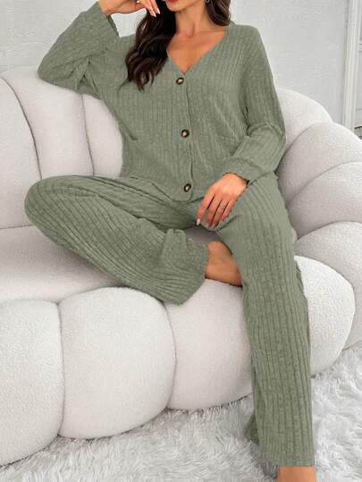 Women Solid Color Single-Breasted Pocket Long Sleeve Top And Pants Pajama Set | SHEIN