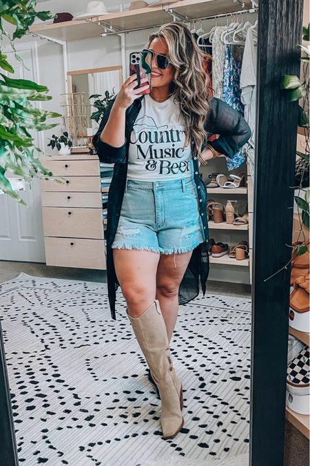 Concert outfit T-shirt is an xl tts “country music and beer” stretchy denim shorts are a 2xl sized up one for a looser fit. Cover up is an xl also comes in white Code: 20TARYN

#LTKstyletip #LTKSeasonal #LTKcurves