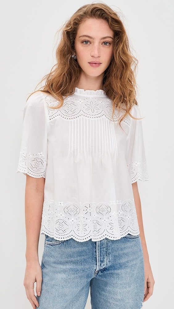 Embroidered Pintuck High-Neck Top | Shopbop
