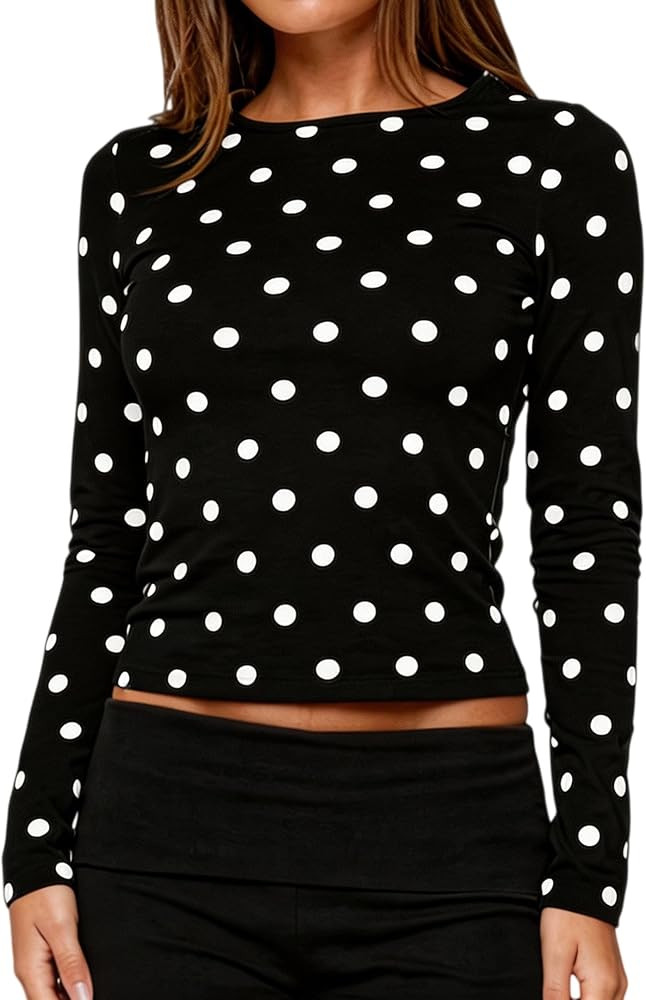 NUFIWI Women Polka dot Underscrub Y2K Long Sleeve Crew Neck Fit Shirt Tops | Amazon (US)