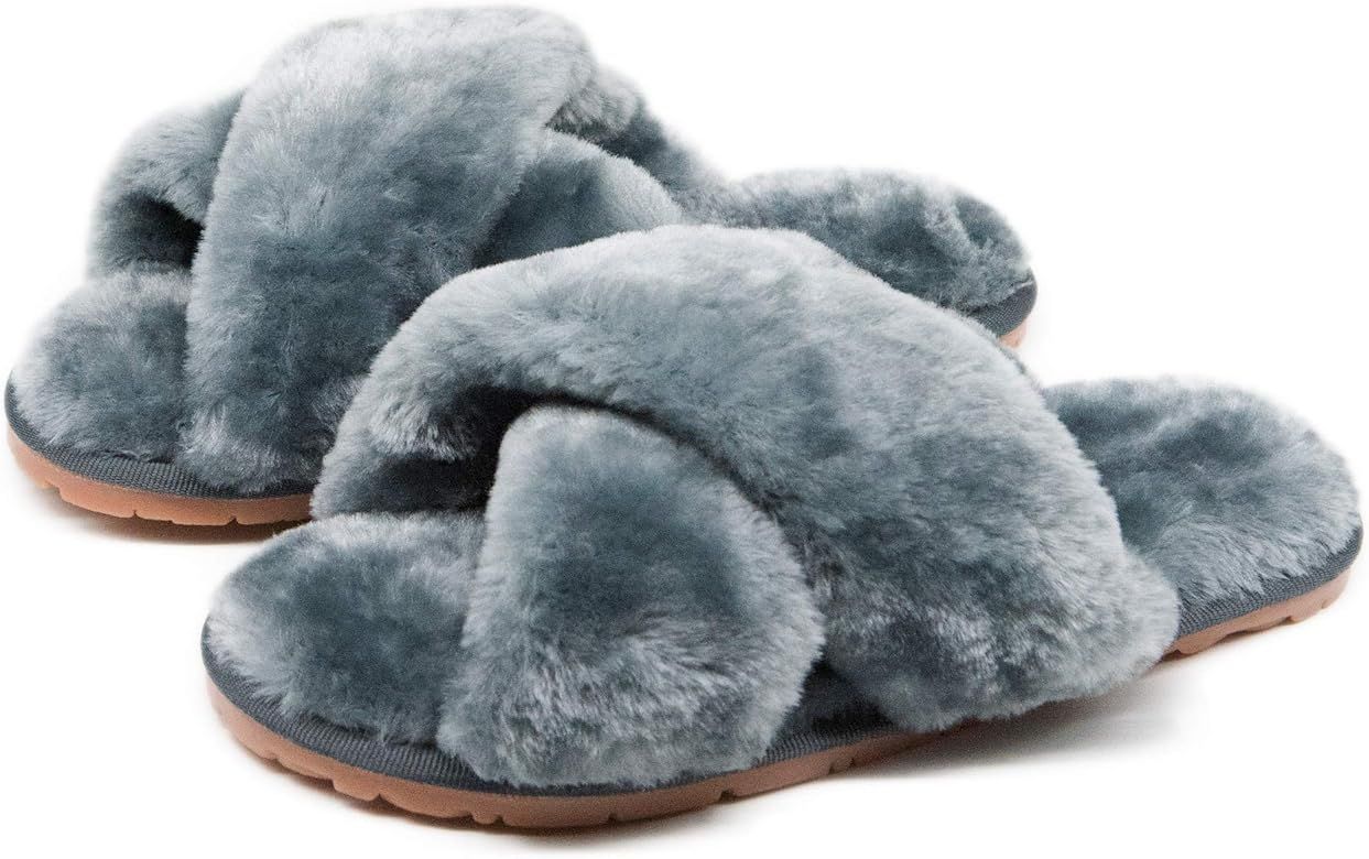 Women's Fuzzy Fluffy Furry Fur Slippers Flip Flop Open Toe Cozy House Memory Foam Sandals Slides ... | Amazon (US)