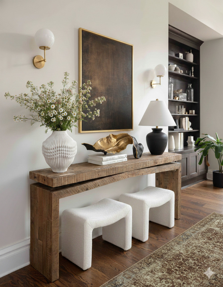 Styled Foyer Console Inspiration
This entryway shows how natural textures and modern accents can instantly elevate a home’s first impression. The reclaimed wood console brings warmth and character, balanced by the clean lines of the boucle stools layered underneath for both style and function.

A large statement artwork anchors the vignette, while brass sconces add a soft glow that frames the space beautifully. The mix of ceramic vases, sculptural decor, and stacked books creates a collected, curated look that feels intentional without being overdone.

This setup is perfect for foyers, hallways, or living room transitions, offering storage, seating, and visual impact in one effortless arrangement.

Shop the look:
– Reclaimed wood console table
– White boucle stools
– Textured ceramic vase with greenery
– Sculptural gold and black decorative bowl
– Modern table lamp with a matte base
– Minimalist brass wall sconces
– Oversized framed artwork
– Coffee table books for styling layers
– Built-in shelving decor accents
– Vintage inspired runner or area rug

Recreate this modern organic entryway with natural woods, textured seating, sculptural decor, and warm brass lighting for an inviting, high end welcome. 

Black Friday 

 #LTKStyleTip

#LTKSaleAlert #LTKHome #LTKCyberWeek