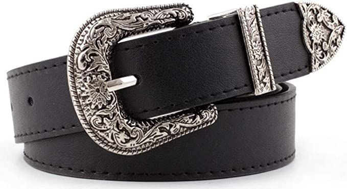 Western-Leather-Belts-Women Vintage Waist-Belts with Hollow Out Flower Buckle | Amazon (US)