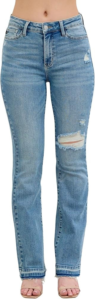 Judy Blue Women's Mid-Rise Distressed and Released Hem Bootcut Jeans | Amazon (US)