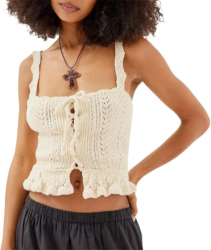 Women Sexy Crochet Knitted Crop Top Sleeveless Lace up Cami Top Backless V-Neck Ruffle Hem Camiso... | Amazon (US)