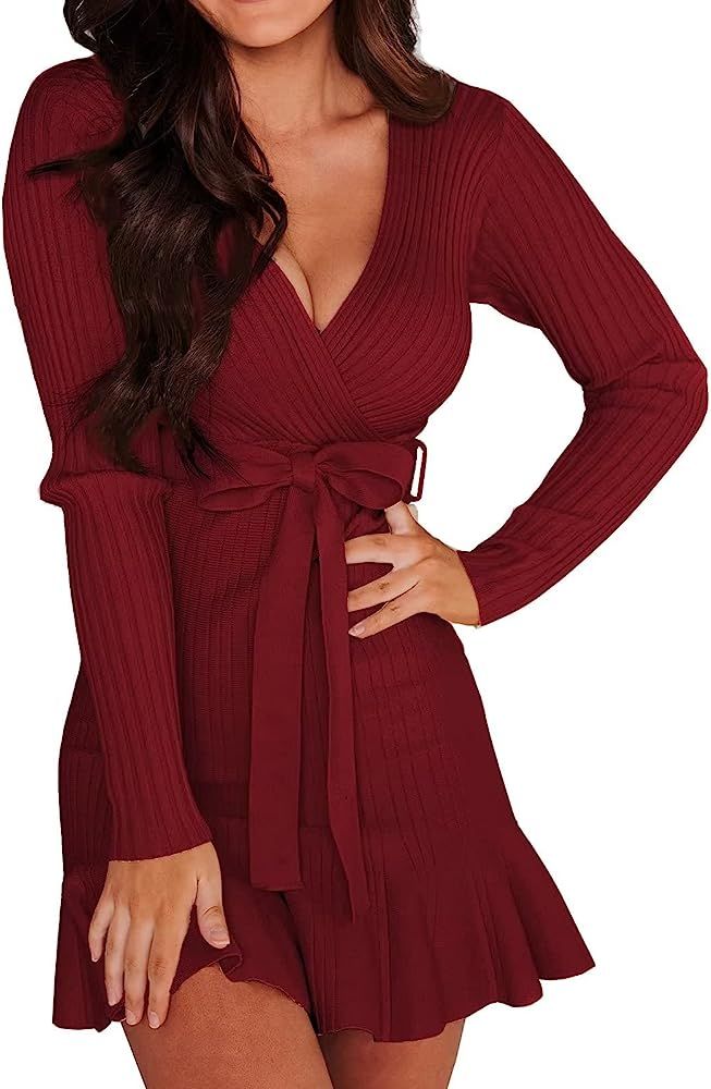 VIMPUNEC Fall Tie Waist Sweater Dress Elegant V Neck Wrap Sweater Dress Knit Mini Sweater Dress | Amazon (US)