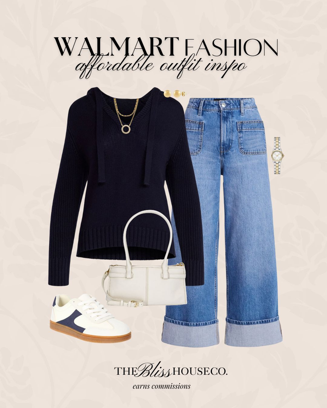 Walmart fashion outfit inspo. 💙 Classic navy knit, relaxed denim & everyday essentials that look elevated without the price tag. 

Walmart fashion, affordable outfit, navy sweater, knit pullover, cuffed jeans, wide leg denim, casual chic, everyday look, neutral handbag, white sneakers, gold jewelry, capsule wardrobe, spring outfit, classic style, budget friendly, minimal outfit, polished casual, timeless pieces. 

 #LTKootd