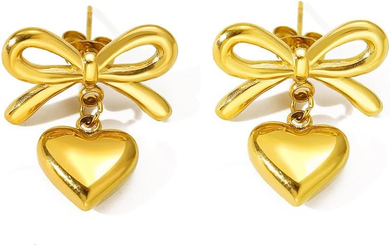 IvoryHaid Gold Heart Dangle Earrings For Women Ribbon Bow Dangle Earrings,Love Heart Dangle Drop ... | Amazon (US)