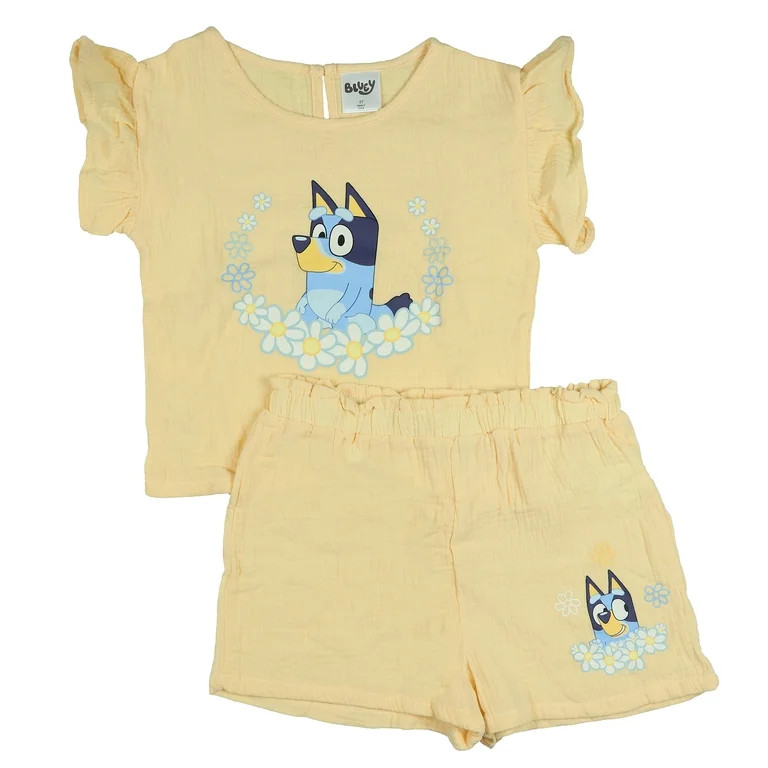 Bluey Toddler Girls 2 Piece Floral Short Sleeve Ruffle And Shorts Set | Walmart (US)