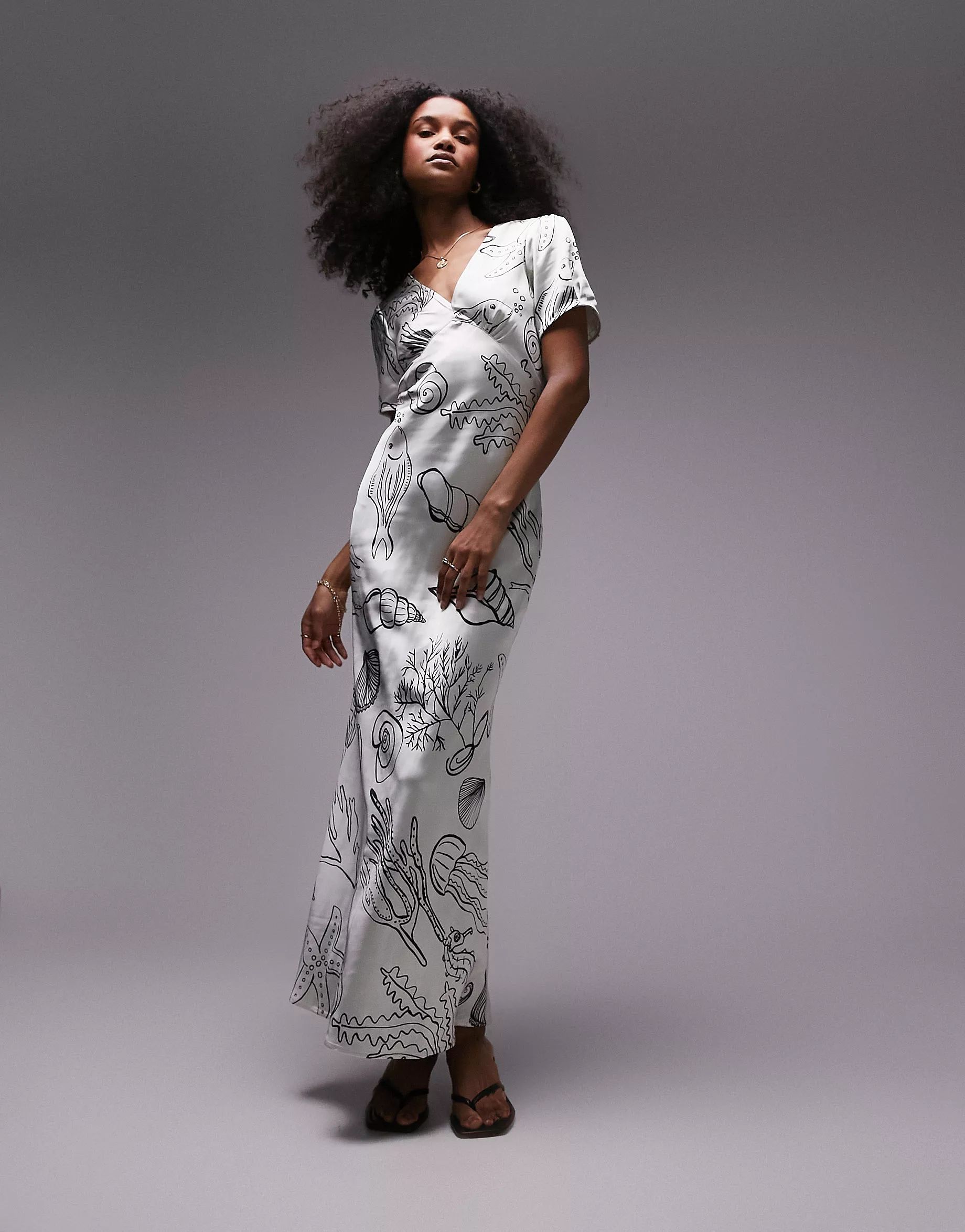 Topshop short sleeve bias midi dress in shell print | ASOS (Global)