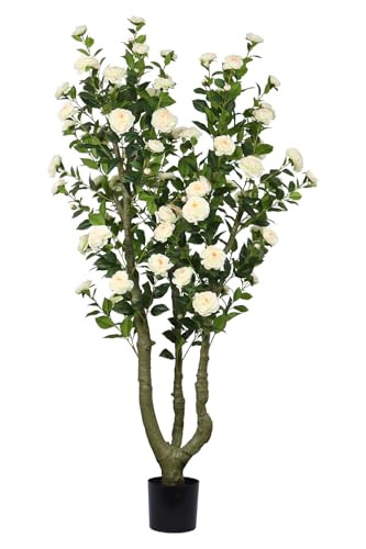 Celestdeco 6.5ft Tall Camellia Artificial Tree, Handmade Faux Floral Camellia Tree, Pink White Blooming Flowers & Green Leaves, Artificial Plants for Home Front Door Decor Indoor Outdoor Party Wedding | Amazon (US)