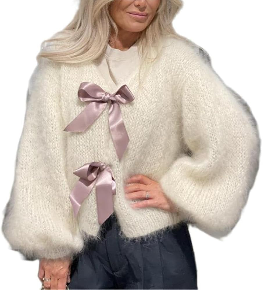 Women Y2k Tie Front Cardigan Cute Graphic Long Sleeve Crew Neck Bow Sweater Vintage Open Front Kn... | Amazon (US)