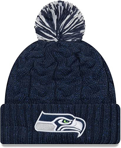New Era Women's NFL Cable Knit Team Logo Wordmark Tech Cuffed Pom Beanie Cold Weather Knit Hat - Seattle Seahawks - Navy | Amazon (US)