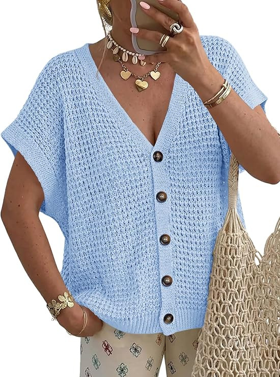 Fisoew Women's Short Sleeve Crochet Cardigans Sweater Tops Summer Button Down V Neck Casual Knit ... | Amazon (US)