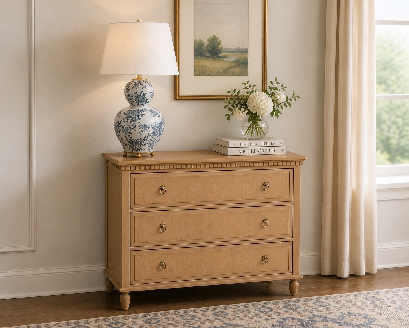 Classic blue + white will never miss 🤍 This affordable chest and ceramic lamp combo looks like a high-end designer vignette for a fraction of the price. Warm wood tones, timeless brass details, and fresh florals = the easiest way to make a room feel curated and cozy. Shop the full look here ✨