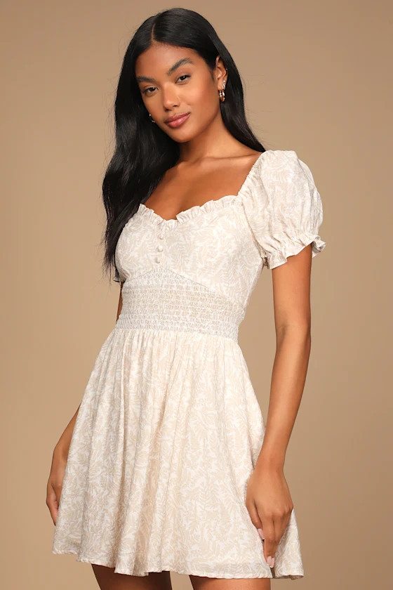 Brilliantly Blooming Beige Floral Print Puff Sleeve Skater Dress | Lulus (US)