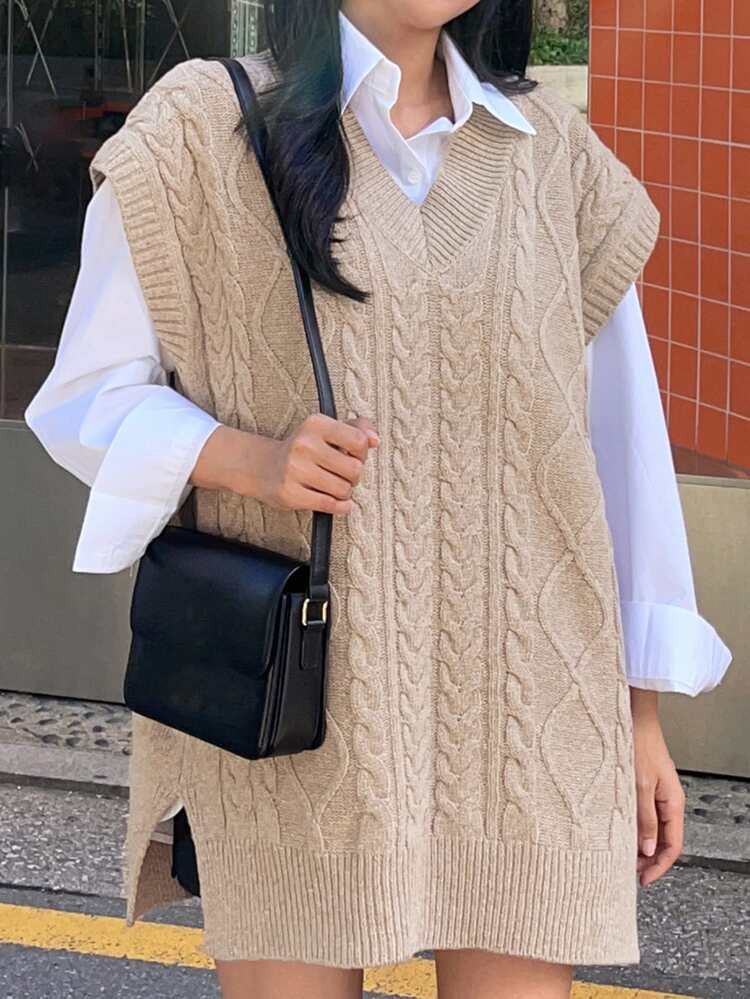 DAZY Split Hem Cable Knit Sweater Vest Without Blouse | SHEIN