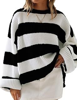 ZESICA Women's Long Sleeve Crew Neck Color Block Striped Oversized Casual Knitted Pullover Sweate... | Amazon (CA)