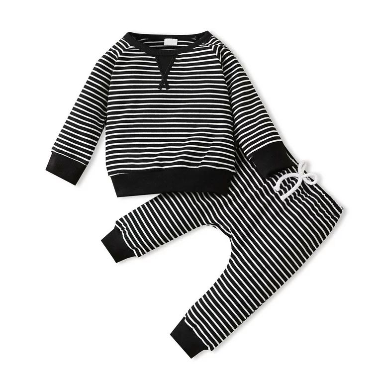 PatPat Fall Baby Girl Clothes Cotton Boy Long Sleeve Striped Pullover and Trousers Set, 18-24 Mon... | Walmart (US)