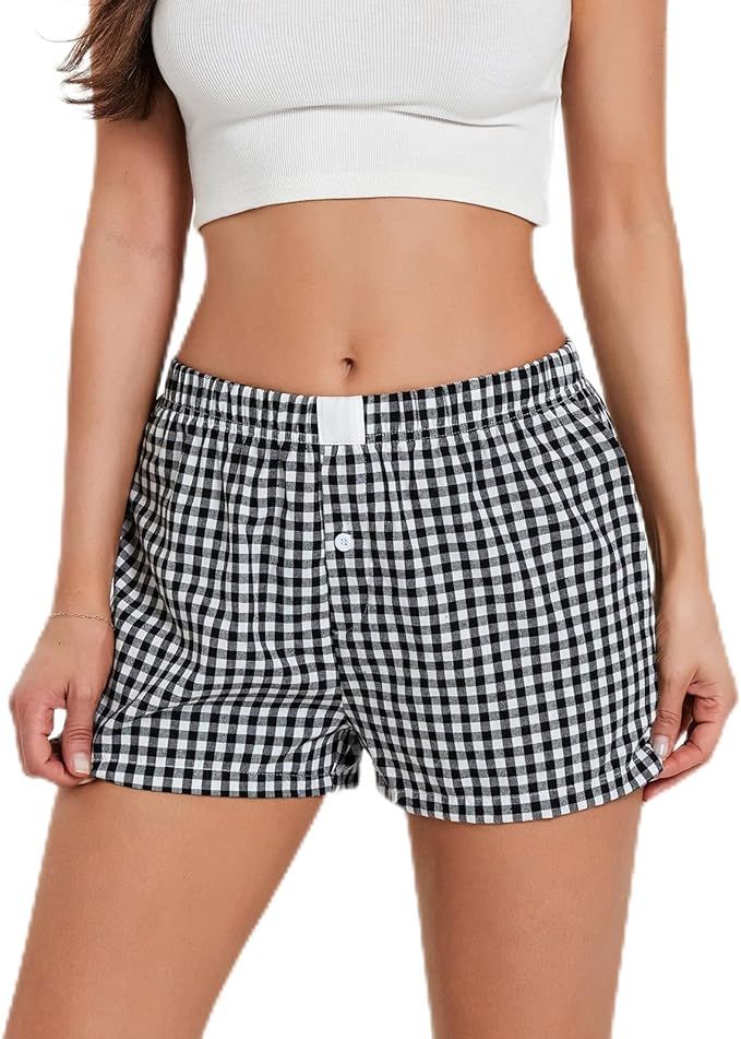 Y2k Plaid Shorts for Women Casual Elastic Waist Aesthetic Lounge Bottom Baggy Pajama Shorts Boxer... | Amazon (US)