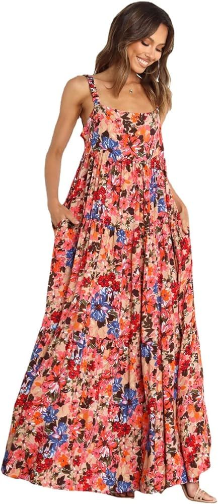 Amazon.com: Rightyi Women's Print Boho Sleeveless Backless Maxi Dress Summer Casual Spaghetti Str... | Amazon (US)