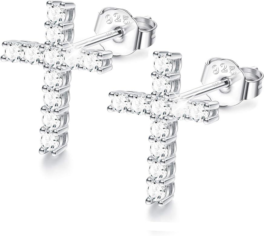 Sllaiss Cubic Zirconia Cross Stud Earrings 925 Sterling Silver CZ Stud Earrings for Women | Amazon (US)