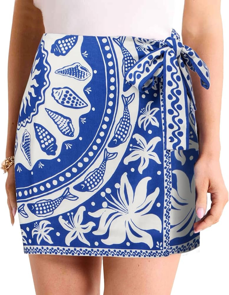 Womens Floral Wrap Mini Skirt Summer Beach Short Skirt Casual Knot Side High Waist A Line Vacatio... | Amazon (US)