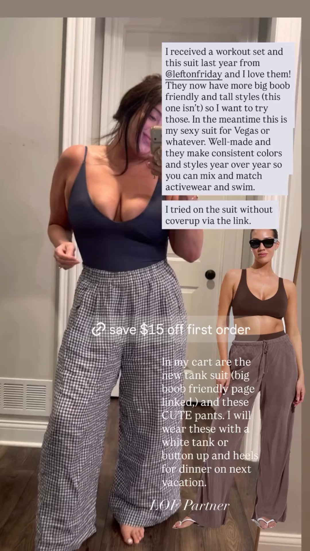 In my cart are the new tank suit (big boob friendly page linked,) and these CUTE pants. I will wear these with a white tank or button up and heels for dinner on next vacation.  I received a workout set and this suit last year from @leftonfriday and I love them! They now have more big boob friendly and tall styles (this one isn’t) so I want to try those. In the meantime this is my sexy suit for Vegas or whatever. Well-made and they make consistent colors and styles year over year so you can mix and match activewear and swim. 

I tried on the suit without coverup via the link.  LOF Partner

#LTKootd #LTKMidsize #LTKSwim