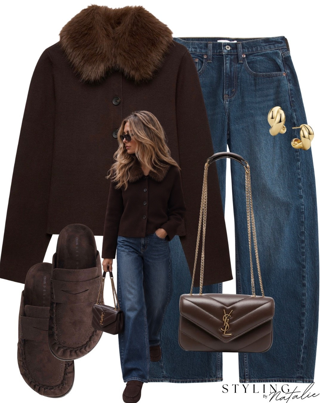 Fur collar cardigan, dark denim jeans, YSL bag, suede backless mules loafers, Marks & Spencer’s casual chic autumn outfit fall outfit, brown outfit
